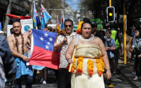 Pacific people marching at the Climate Strike in Wellington