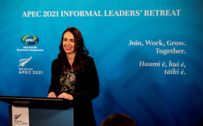 Prime Minister Jacinda Ardern speaks at a press conference after the APEC Informal Leaders' Retreat at the Majestic Centre in Wellington.