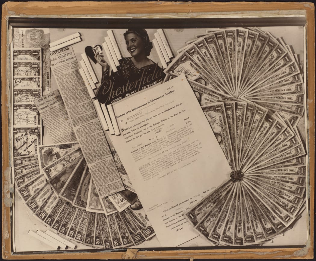 Fanned arrangements of banknotes framing a court summons in the name of Flora McKenzie and newspaper reports of the trial