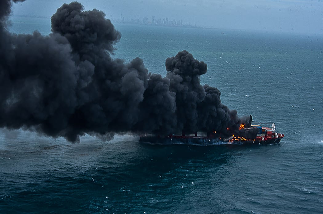 Thick smoke billowing from the X-Press Pearl in the sea off Sri Lanka's Colombo Harbour on 25 May, 2021.
