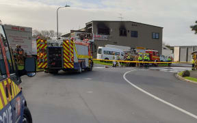 The scene of a fire at a Pukekohe truck rental shop which left one person critically injured.