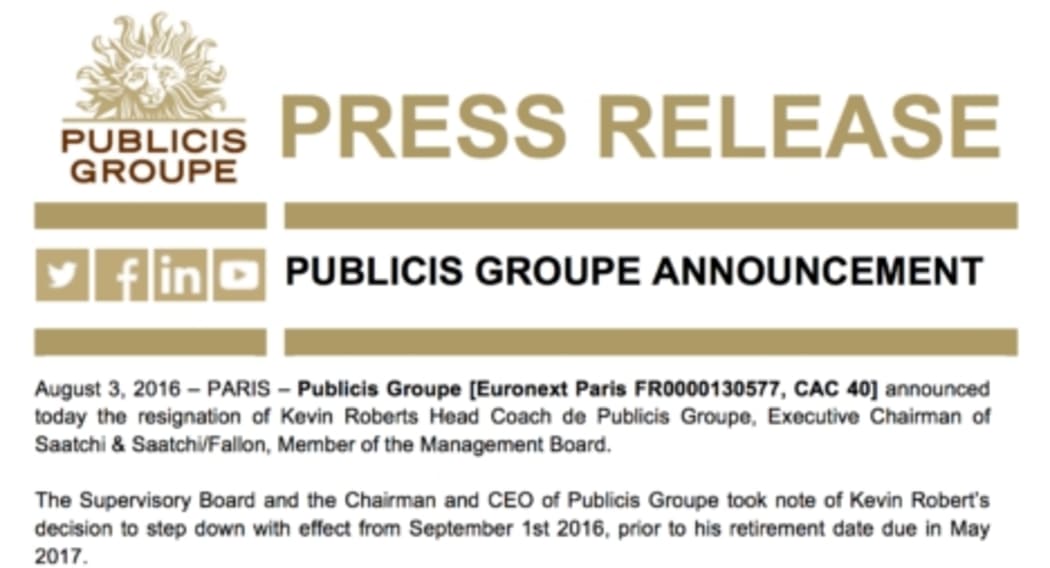 Screenshot of statement from Kevin Roberts' employers announcing his resignation.