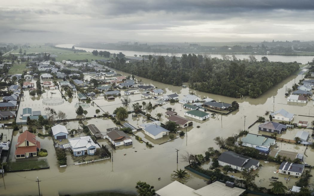 The southeastern side of Westport under flood in July 2021. The town awaits substantial flood bank work to begin, more than two years after the record flood.