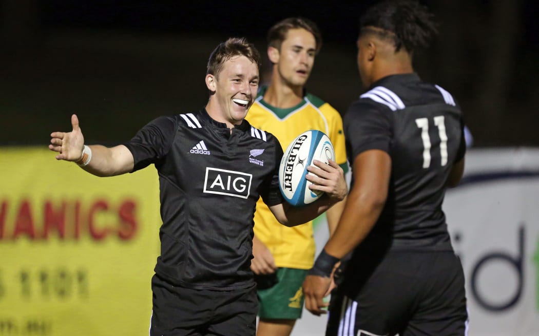 Jay Renton celebrating a try at the 2018 Oceania rugby U20's final