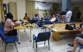 A nightly press briefing at the NDMO head office in Port Vila. The international media were very critical of the delays in aid distribution.