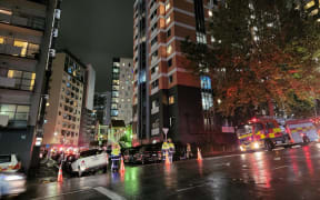 Fire crews attend a blaze in Auckland's CBD on 3 May 2023.