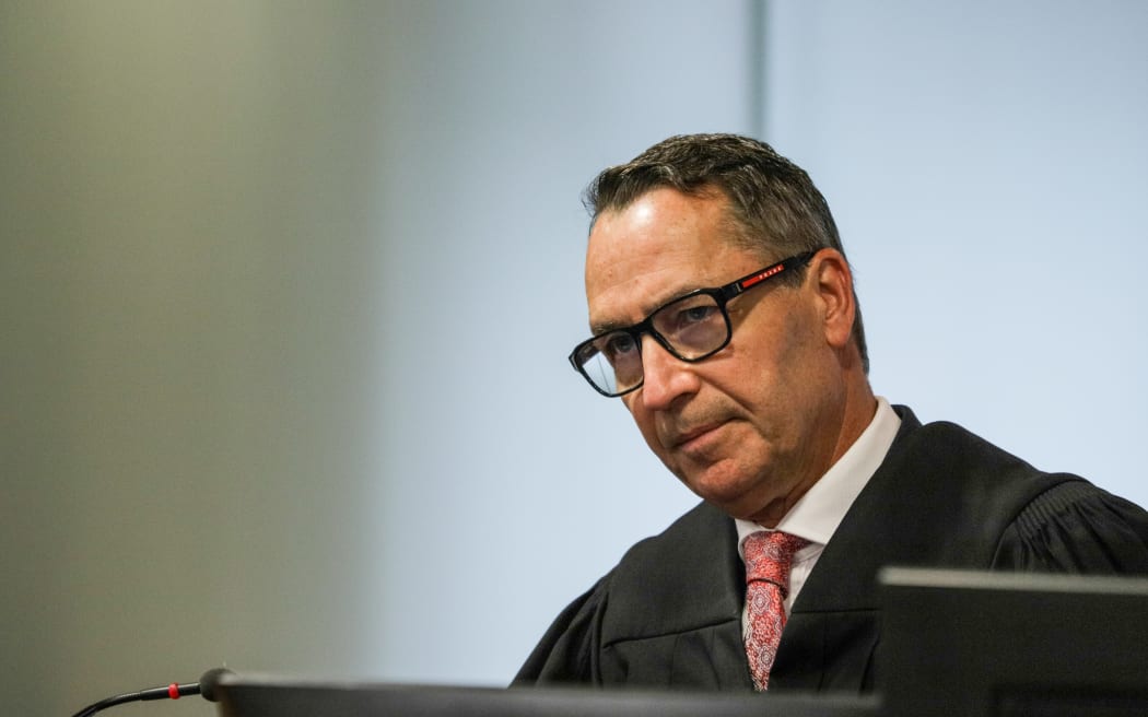 Judge Evangelos Thomas at the Whakaari sentencing, 26 February 2024. Six companies are being sentenced in the two-week hearing held in Auckland at the Environment Court, following a criminal trial into the 2019 disaster which killed 22 people and injured 25 others.