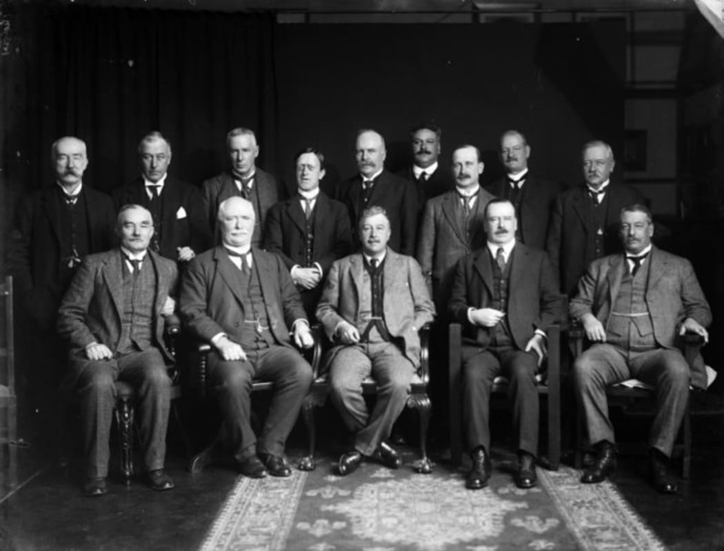 Group portrait of members of the National Ministry of New Zealand. 1916.