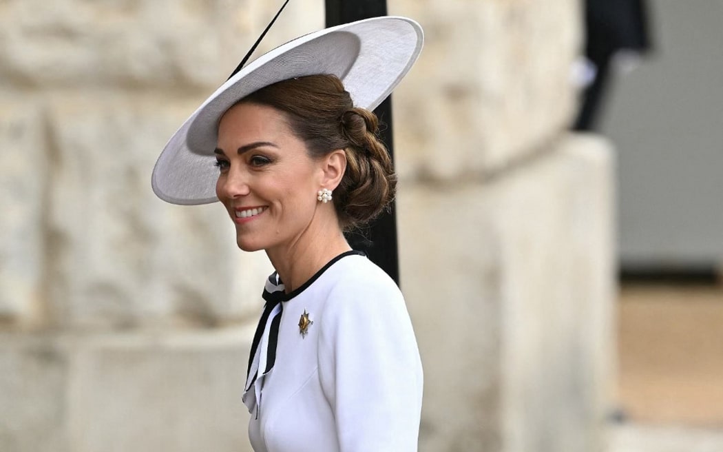 Britain's Catherine, Princess of Wales, arrives to Horse Guards Parade for the King's Birthday Parade "Trooping the Colour" in London on June 15, 2024. Catherine, Princess of Wales, is making a tentative return to public life for the first time since being diagnosed with cancer, attending the Trooping the Colour military parade in central London. (Photo by JUSTIN TALLIS / AFP)