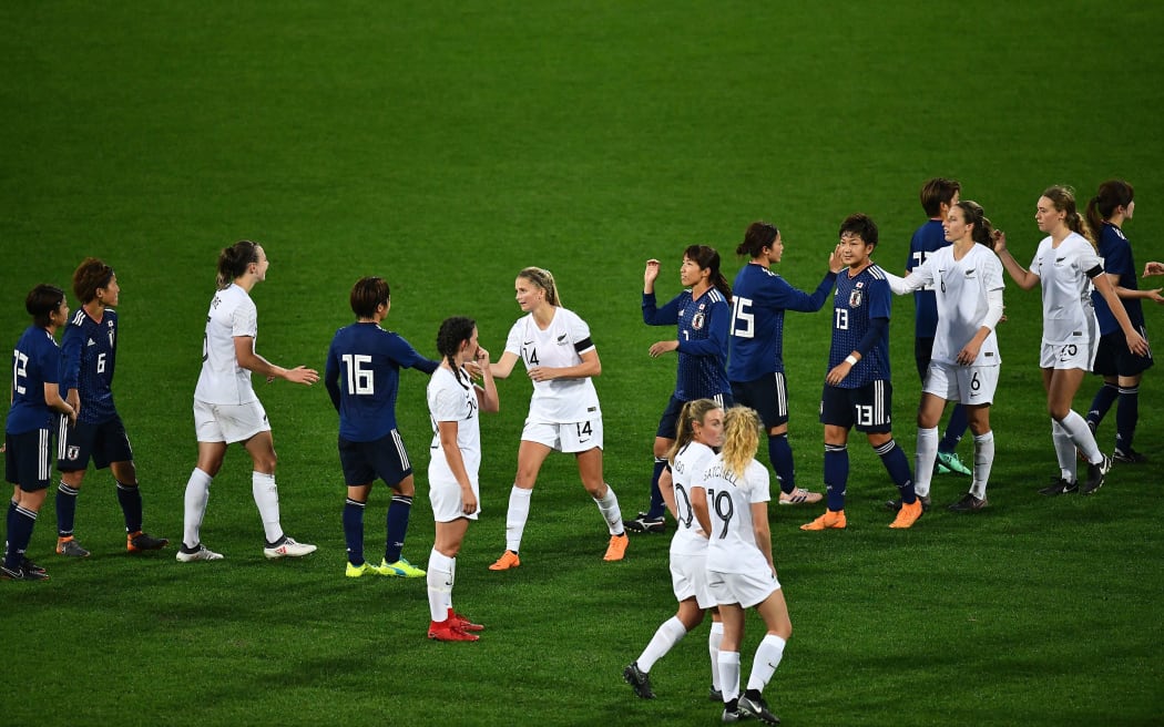 Players congragulate each other during the International Friendly Women's Football between Football Ferns vs Japan, Westpac Stadium, Wellington, 2018.