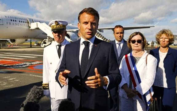 French President Emmanuel Macron speaking to the media upon arriving in New Caledonia for a two-day visit.