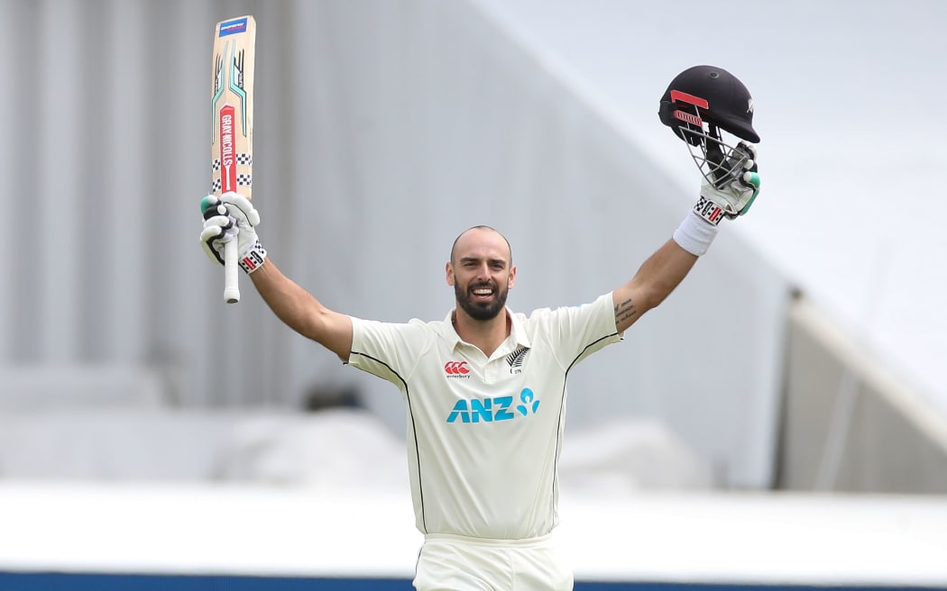 Daryl Mitchell of the New Zealand Blackcaps celebrates reaching his century during Day 3 of the 1st Test between the New Zealand Blackcaps and England at Lord’s Cricket Ground, London England on Saturday 4 June 2022.
New Zealand tour of England 2022.
 © Matthew Impey / www.photosport.nz