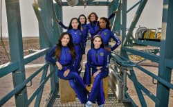 From left - entrepreneur Lauren Sanchez, former NASA scientist Amanda Nguyen, singer Katy Perry, TV presenter Gayle King, former NASA scientist Aisha Bowe and film producer Kerianne Flynn pose in their spacesuits ahead of an all-woman sub-orbital mission aboard the New Shepard rocket.