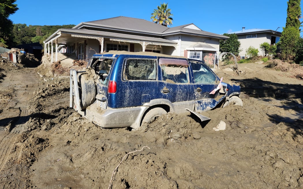 Mud and silt surround a Hawke's Bay property after Cyclone Gabrielle.