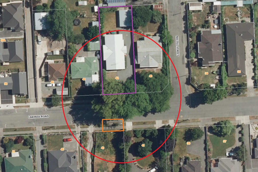 Hay says if the trees come down they could destroy his home, in purple, or a power transporter, in orange, as well as other properties.