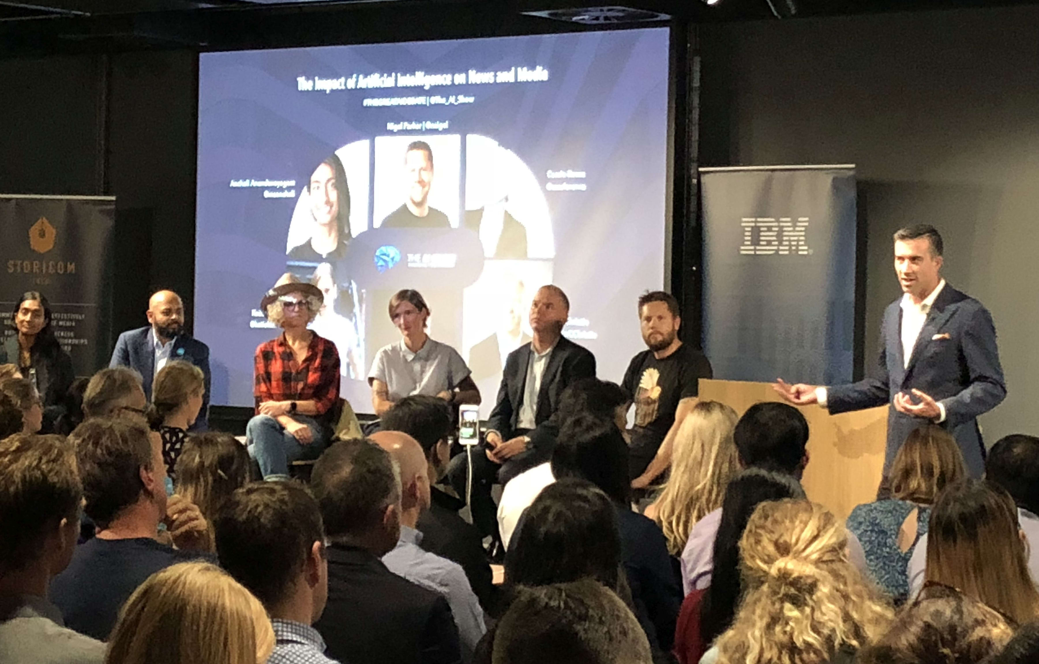 Justin Flitter (right) leads the Great AI Debate in Auckland. Anchali Anandanayagam is on the left.