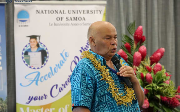Sir Colin Tukuitonga speaking at a meeting in Samoa calling for a science academy for the Pacific to be set up.