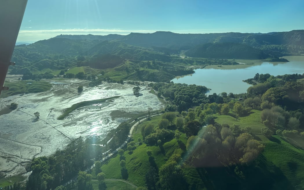The aftermath of flooding from Cyclone Gabrielle seen from above Tūtira, Hawke's Bay.