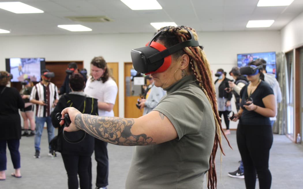The virtual reality expo attendees are able to test potential employment through the headsets.