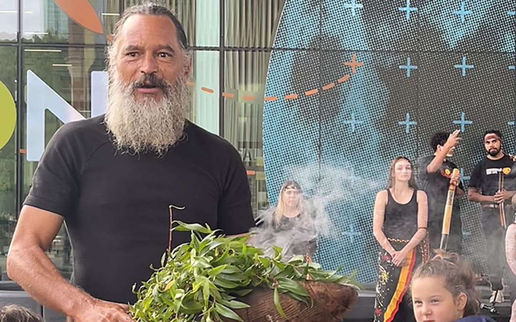 Traditional smoke ceremony before an Aboriginal dance performance at the Western Australian Museum.