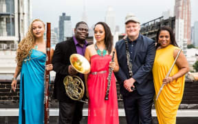 Imani Winds by Matthew Murphy: (l-r: Monica Ellis (bassoon), Jeff Scott (french horn), Toyin Spellman-Diaz (oboe), Mark Dover (clarinet), Valerie Coleman (flute)