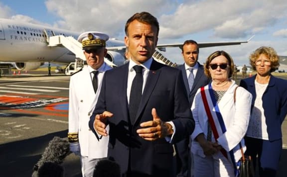 French President Emmanuel Macron speaking to the media upon arriving in New Caledonia for a two-day visit.
