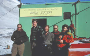 The Vanda Station party after winter, 1969: Bill Lucy, Simon Cutfield, Al Riordan, Warren Johns and Ron Craig