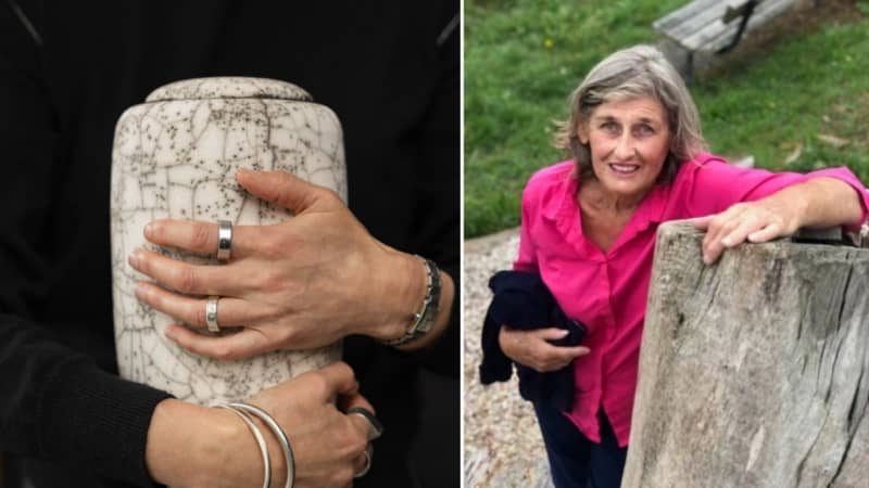 Bridgit Sissons holding an urn (left) from her Vaso collection, and (right) her mother Barbara Sissions who died in 2023.