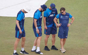 Black Caps players inspect the Great Noida ground during the scheduled one off test between New Zealand and Afghanistan, 2024.