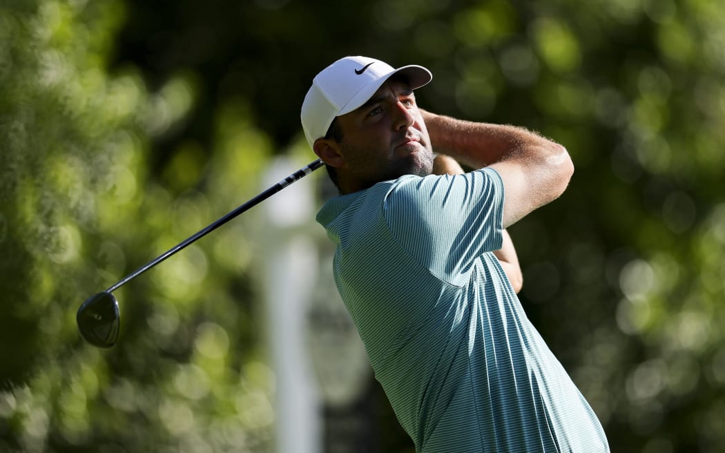 Scottie Scheffler plays his shot from the 14th tee during the third round of the PGA Championship at Quail Hollow Country Club, North Carolina, 18 May, 2025.
