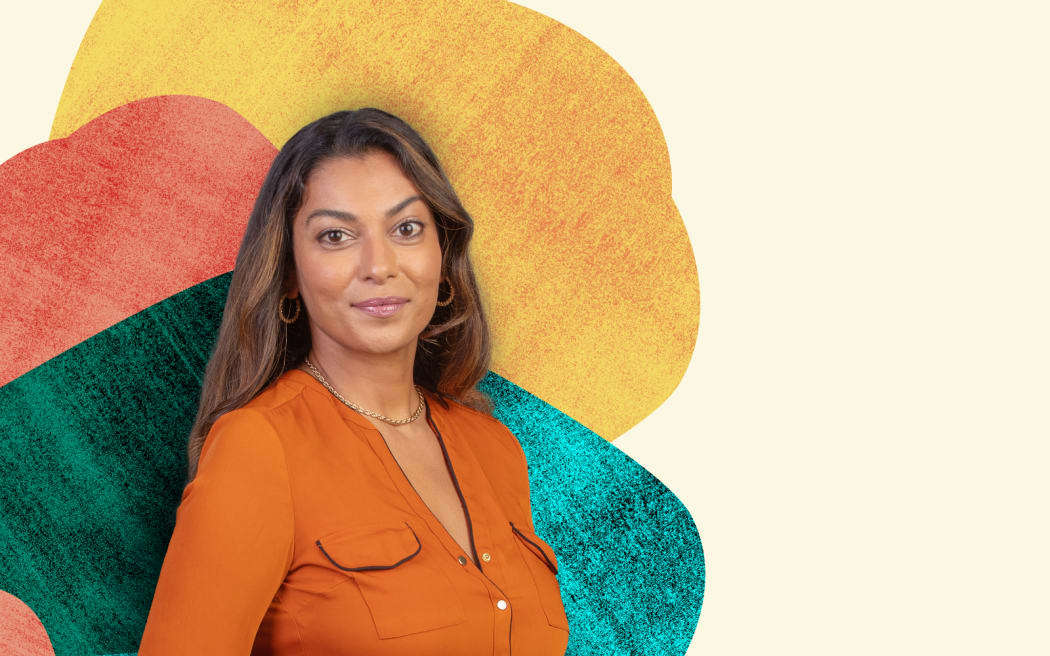 Host Kadambari Raghukumar in front of a colourful background with overlaid shapes.