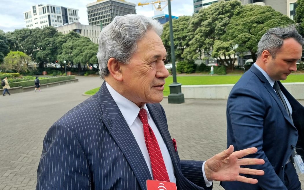 NZ First leader Winston Peters and Darroch Ball departing ACT headquarters on 9 November, 2023.