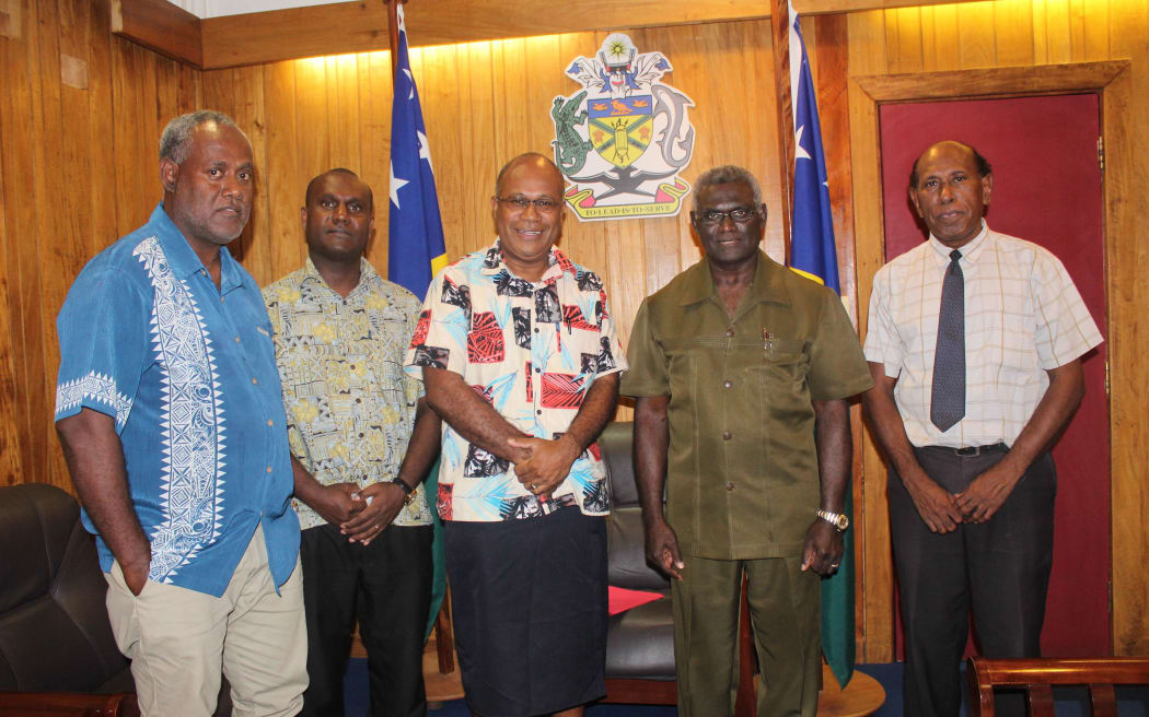 From L to R; Secretary to MSG Chair,  Rence Sore, Legal Adviser to
the MSG Secretariat, Ilan Kiloe, MSG Secretariat Director-General, Amena Yauvoli, MSG Chair, Prime Minister Manasseh Sogavare and Secretary to the Prime Minister, Joesph Waleanisia.