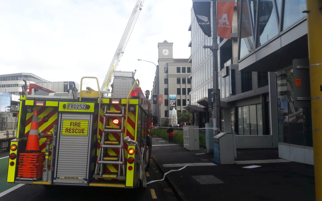 A fire truck at the cordoned off scene of the building fire in Fanshawe Street, central Auckland