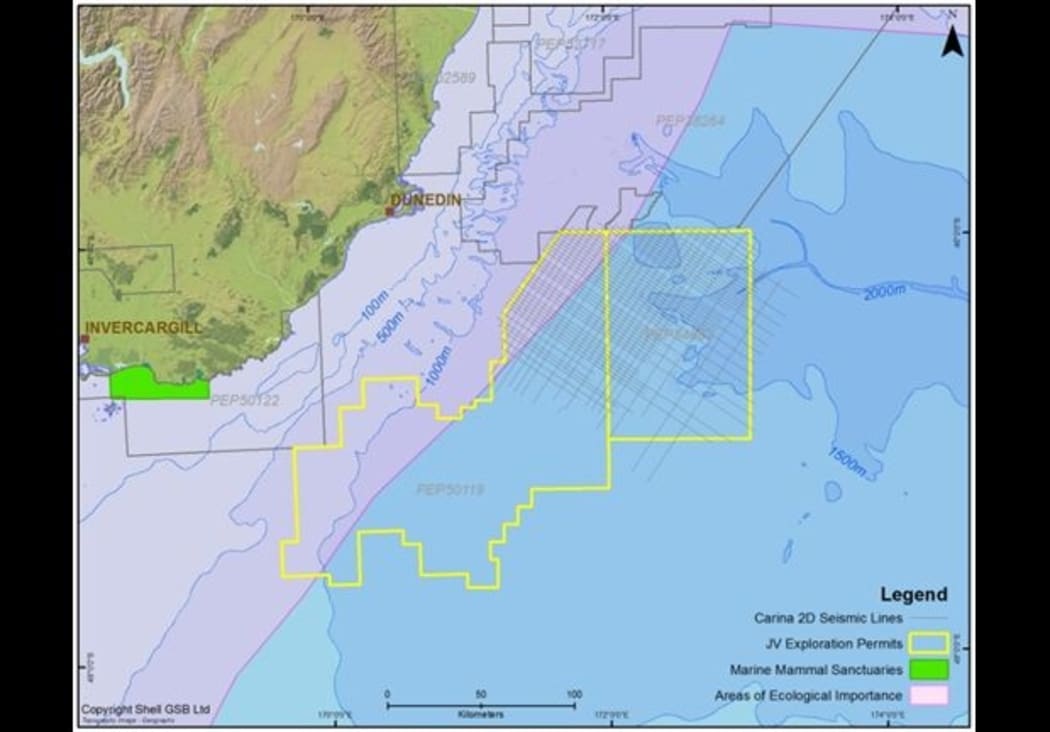 Shell has permits for areas designated in yellow in the Great South Basin. It intends to drill the test well in the left part.