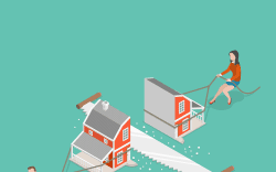 Divorce flat isometric vector concept. Man and a woman are dragging their half of the sawn house.