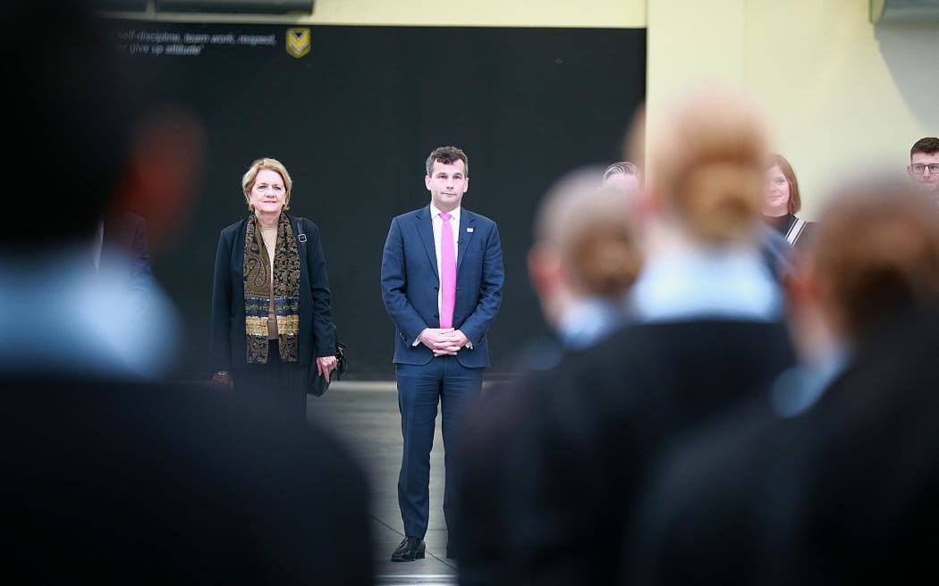 David Seymour makes an announcement regarding charter schools at Vanguard Military School.