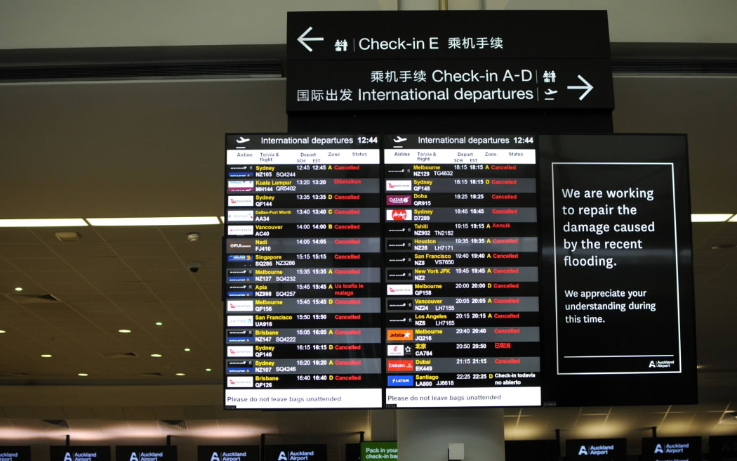 Auckland International Airport - flights canned due to Cyclone Gabrielle