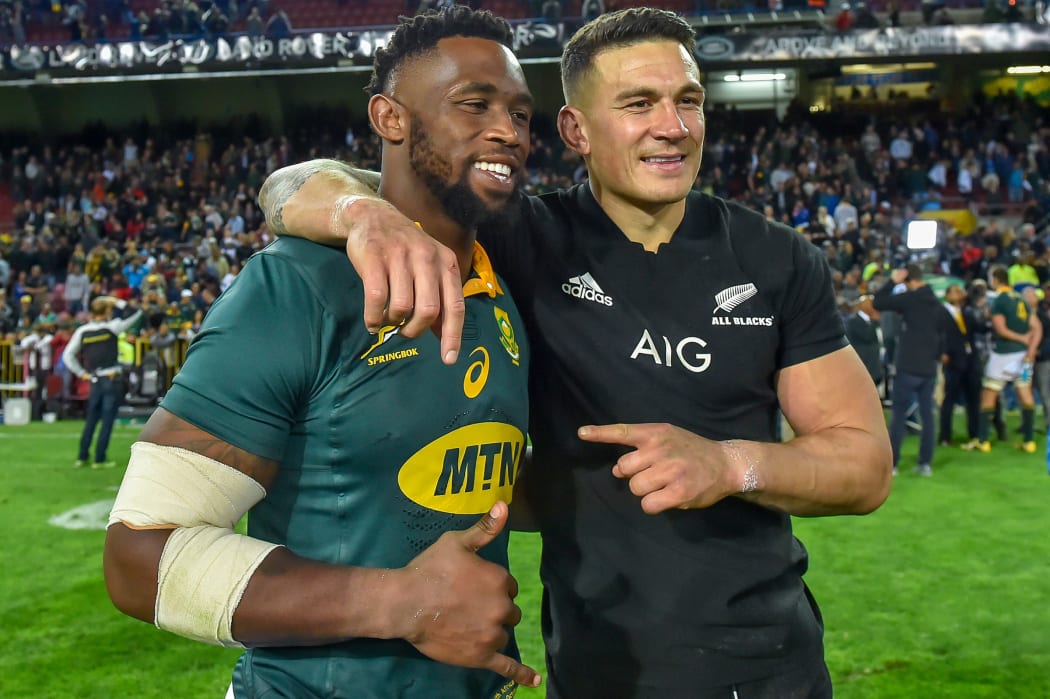 Siya Kolisi of South Africa and Sonny Bill Williams of New Zealand after the Rugby Championship at Newlands Stadium.