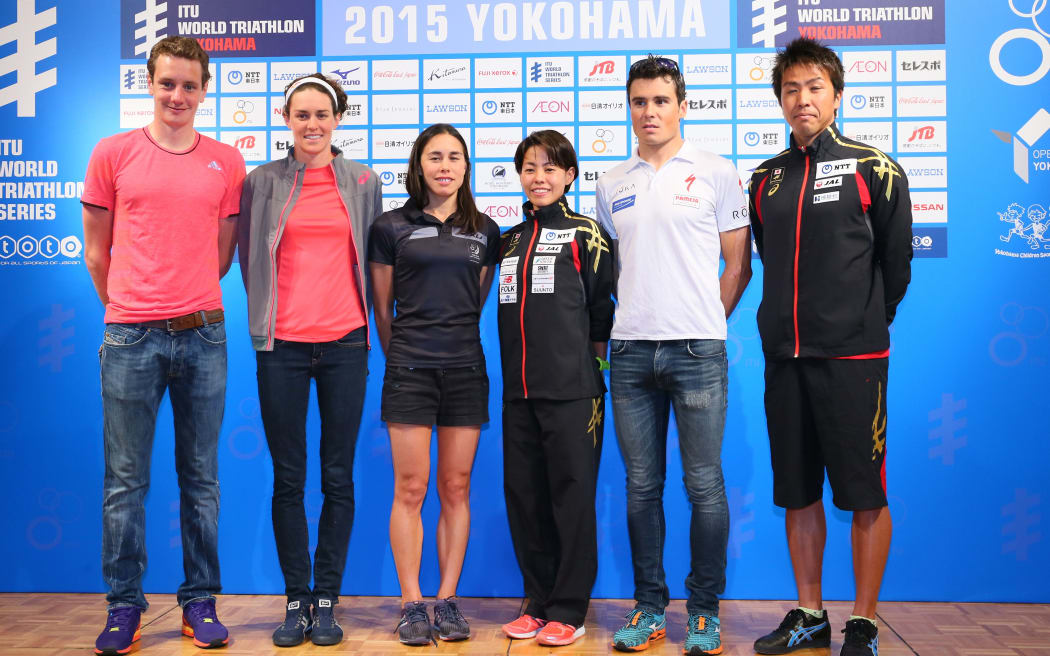 (L to R) Alistair Brownlee (GBR), Gwen Jorgensen (USA), Andrea Hewitt (NZL), Ai Ueda (JPN), Javier Gomez Noya (ESP), Yuichi Hosoda (JPN)