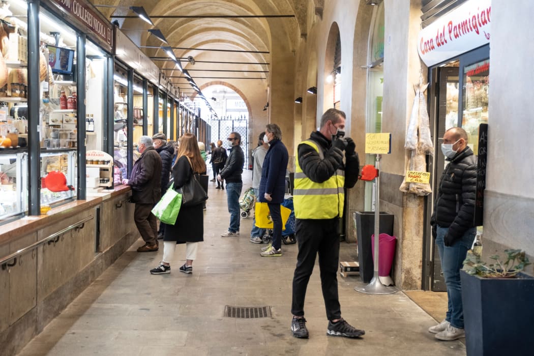 The market in Piazza delle Erbe and Piazza della frutta in Padua closed on 4 April 2020 in Italy. Access is now manned and controlled by civil protection volunteers and urban police.