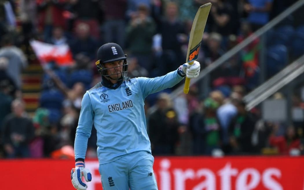 England batsman Jason Roy raises his bat after scoring 150 against Bangladesh at the Cricket World Cup.