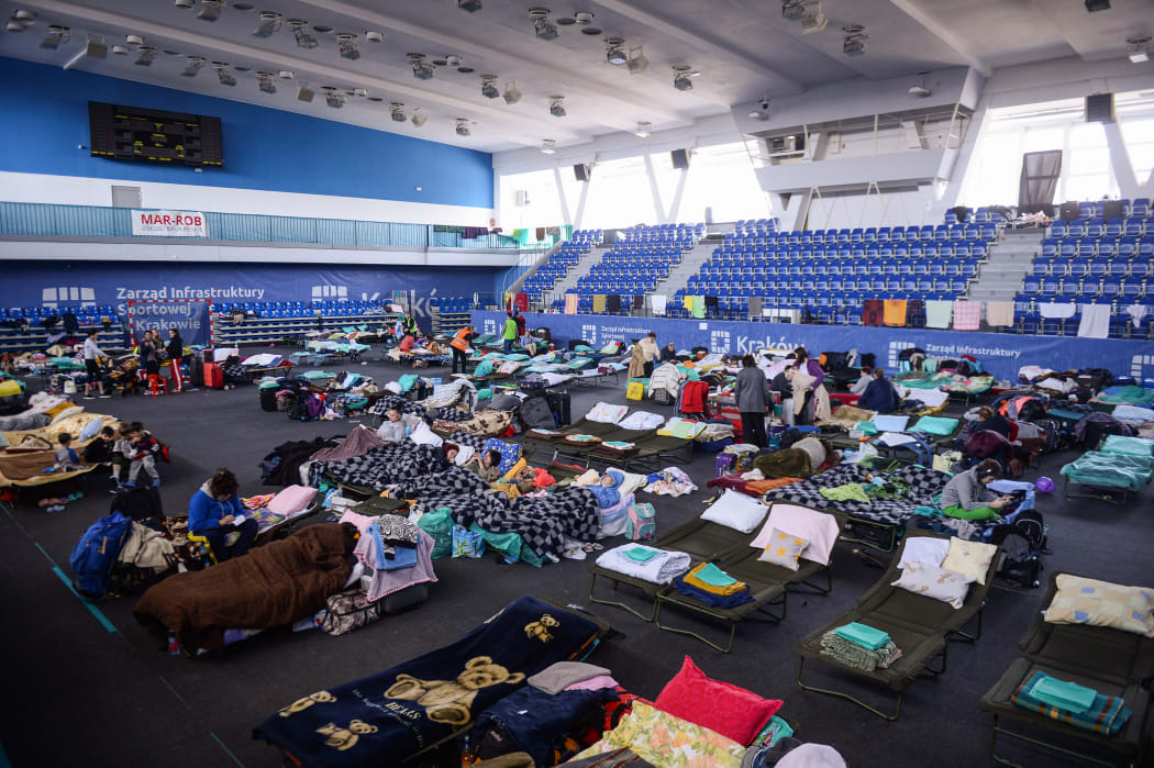 A general view of the temporary shelter for refugees from Ukraine organised in the sports hall in Krakow, Poland on March 15, 2022.