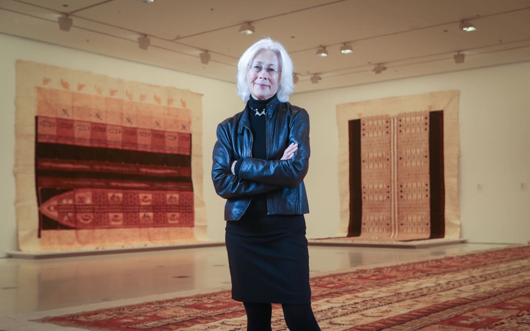 Dame Robin White, with "Siu i Moana: Reaching Across the Ocean", an exhibition at the National Gallery of Victoria in 2016.