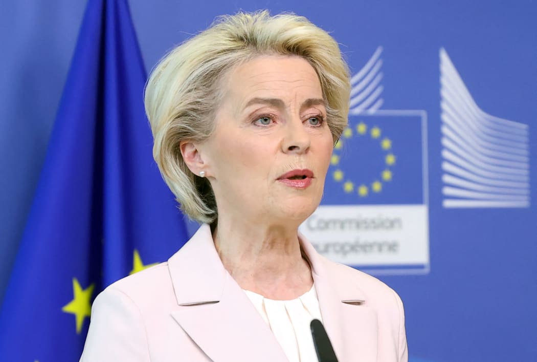 European Commission President Ursula von der Leyen holds a press conference on Russia's unilateral halt of gas deliveries to certain EU member states at the European Union Commission headquarter in Brussels, Belgium on April 27, 2022.
