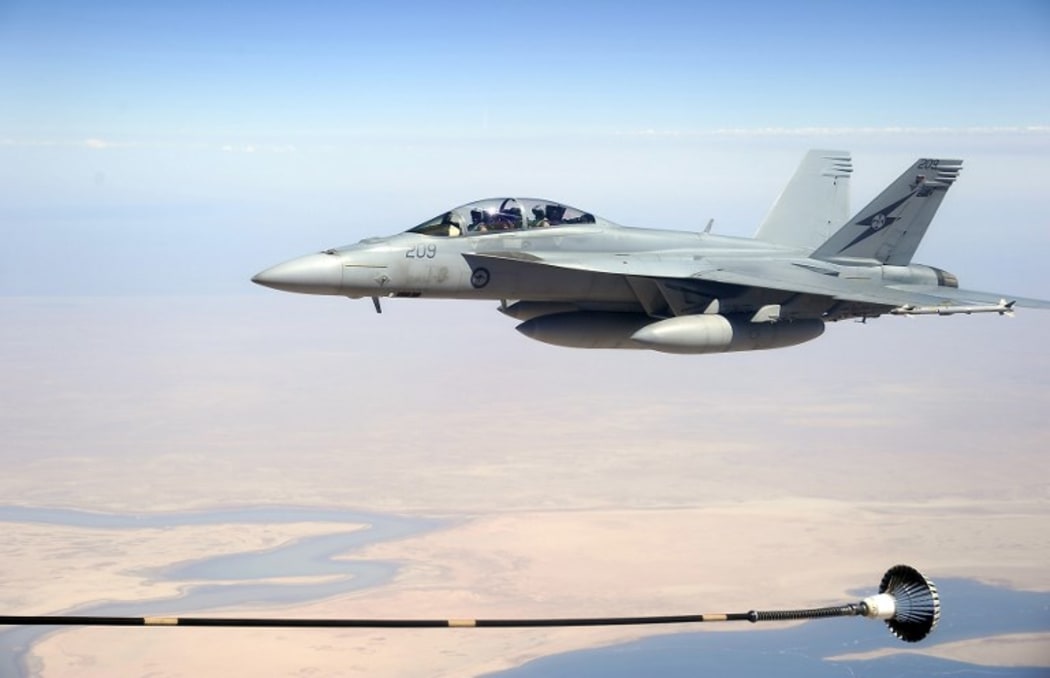A Royal Australian Air Force (RAAF) F/A-18F Super Hornet above Iraq in 2014.