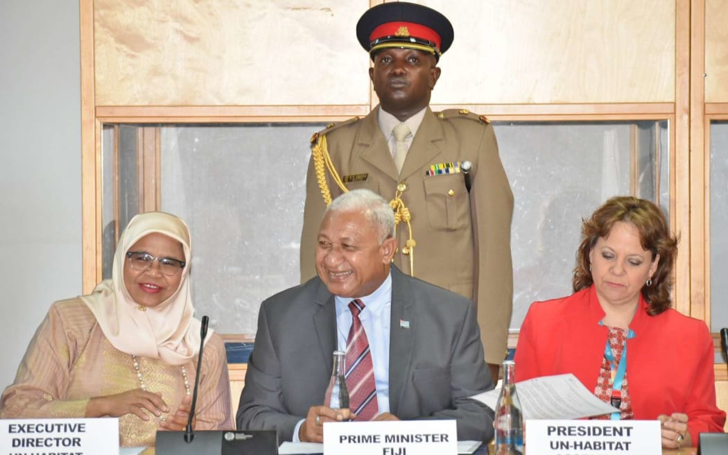 Fiji's Prime Minister Frank Bainimarama addresses a UN climate gathering in Kenya.