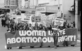 Pro-abortion demonstration moving down Manners Street, Wellington. Photographed by an Evening Post staff photographer on the 23rd of June 1976.