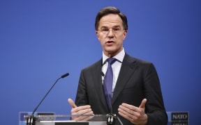 NATO general secretary Mark Rutte gives a press conference after the meeting of The North Atlantic Treaty Organisation (NATO) Ministers of Defence at NATO Headquarters in Brussels, on February 13, 2025. (Photo by SIMON WOHLFAHRT / AFP)