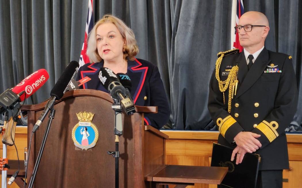 Defence Minister Judith Collins and Chief of Navy Rear Admiral Garin Golding speaking to media from the Devonport Naval Base.